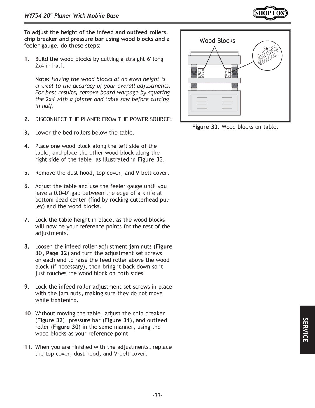 Woodstock W1754 owner manual Service 