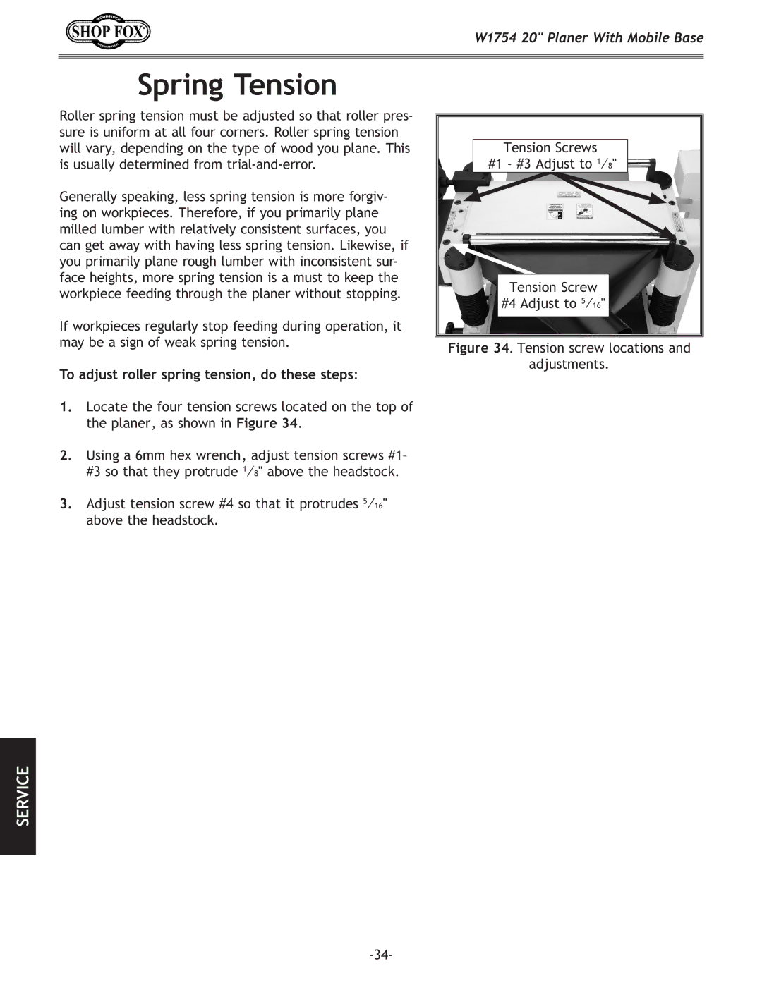 Woodstock W1754 owner manual Spring Tension, To adjust roller spring tension, do these steps 