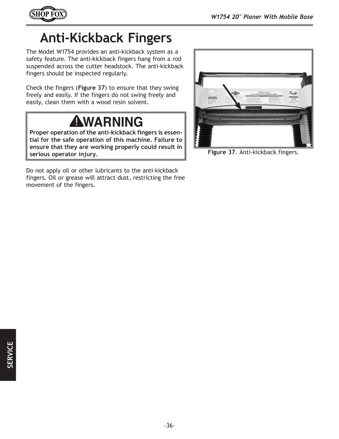 Woodstock W1754 owner manual Anti-Kickback Fingers, Anti-kickback fingers 