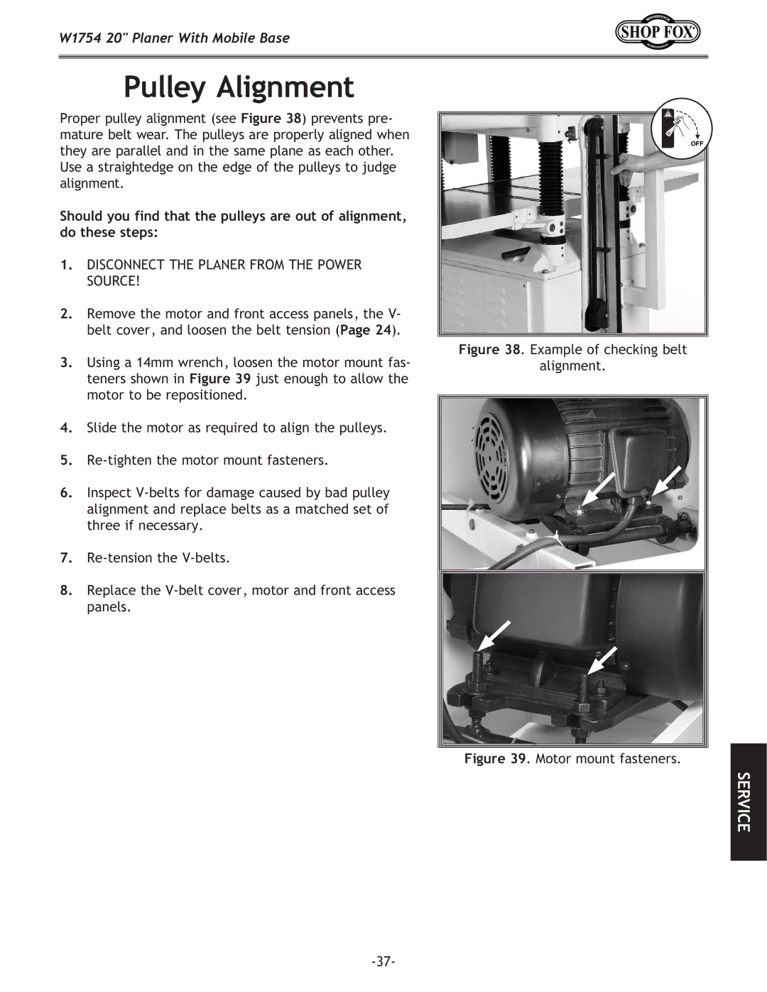 Woodstock W1754 owner manual Pulley Alignment, Example of checking belt Alignment 