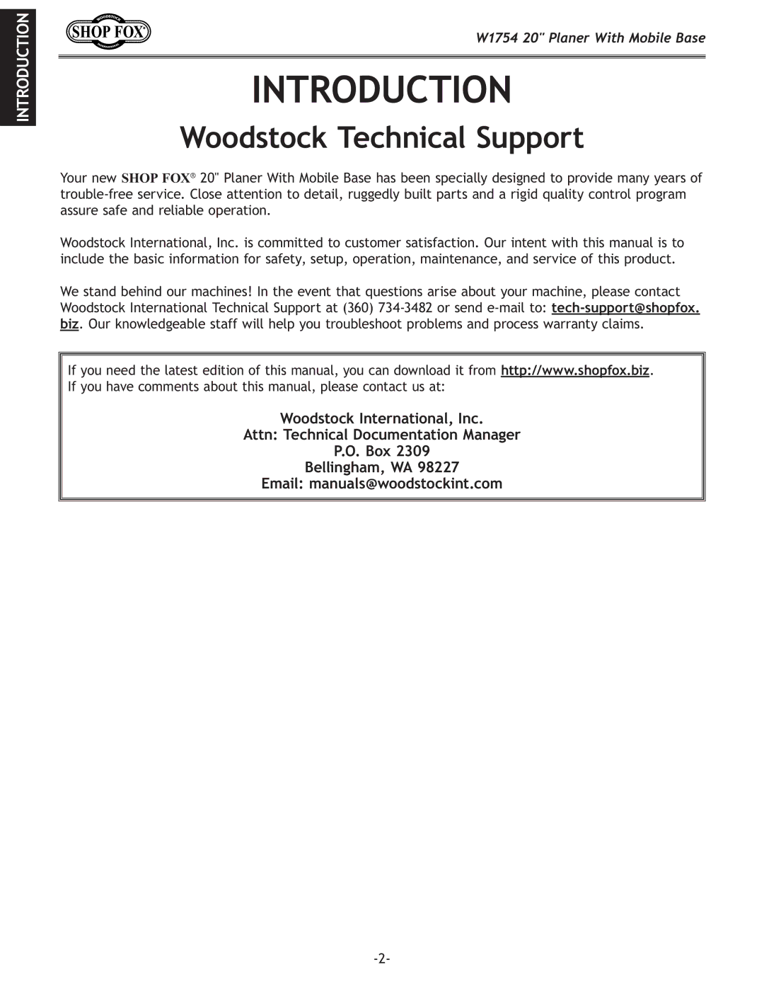 Woodstock W1754 owner manual Introduction, Woodstock Technical Support 