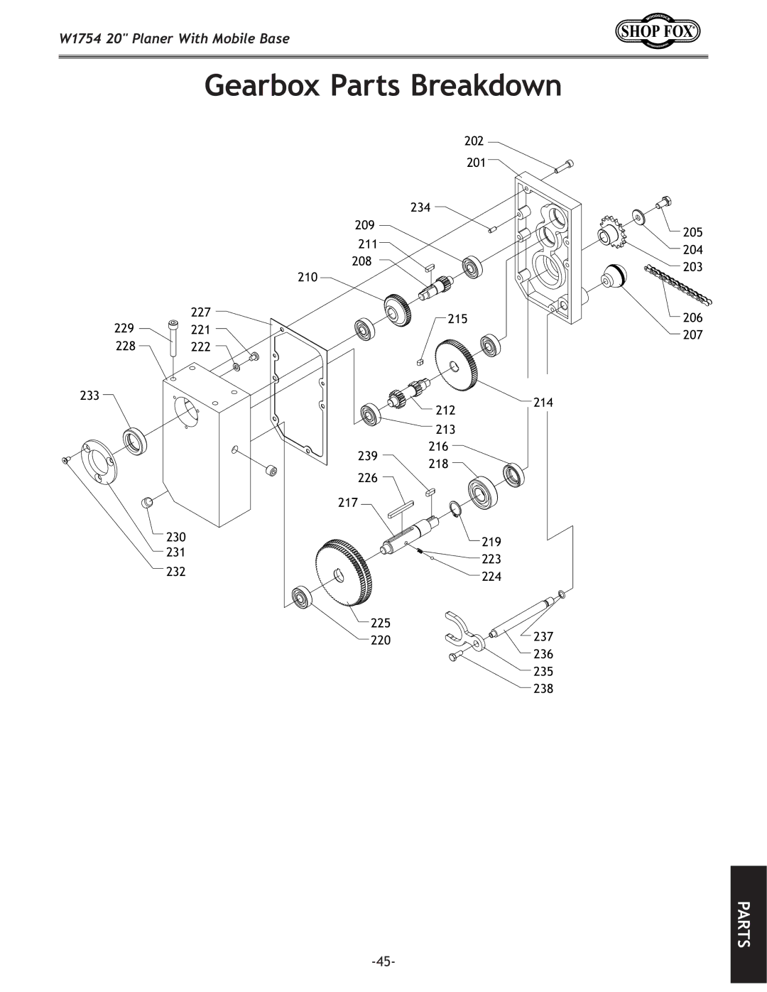 Woodstock W1754 owner manual Gearbox Parts Breakdown 