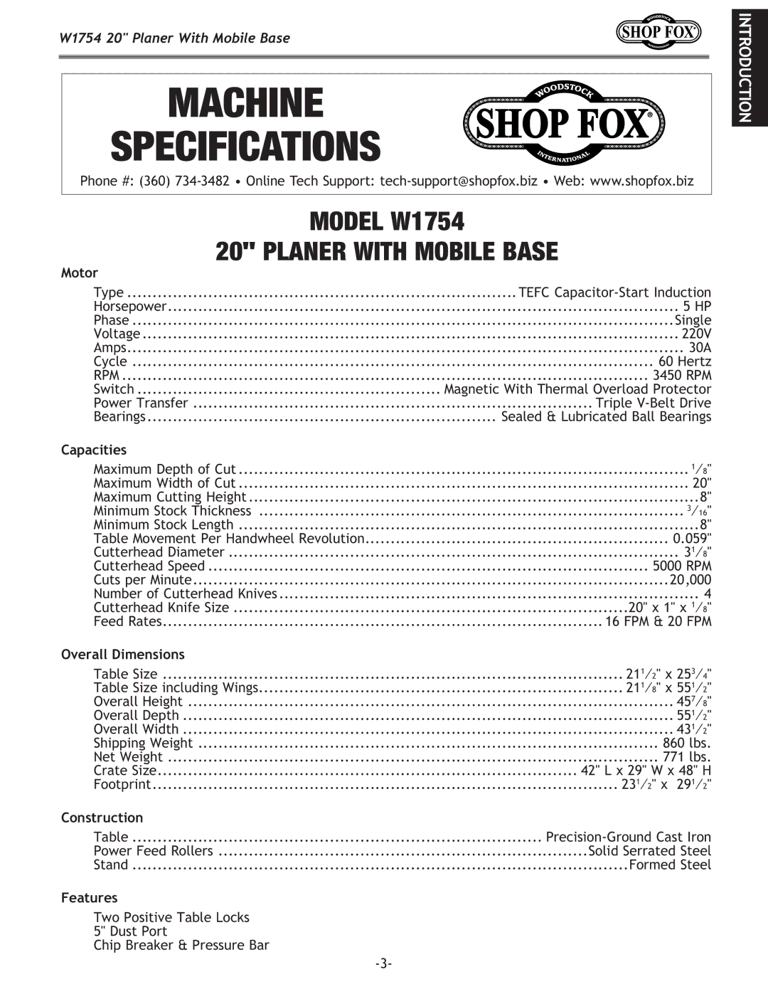 Woodstock W1754 owner manual Introduction 