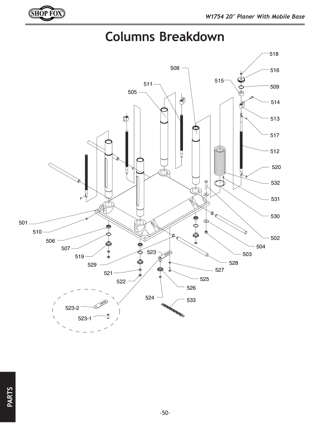 Woodstock W1754 owner manual Columns Breakdown 