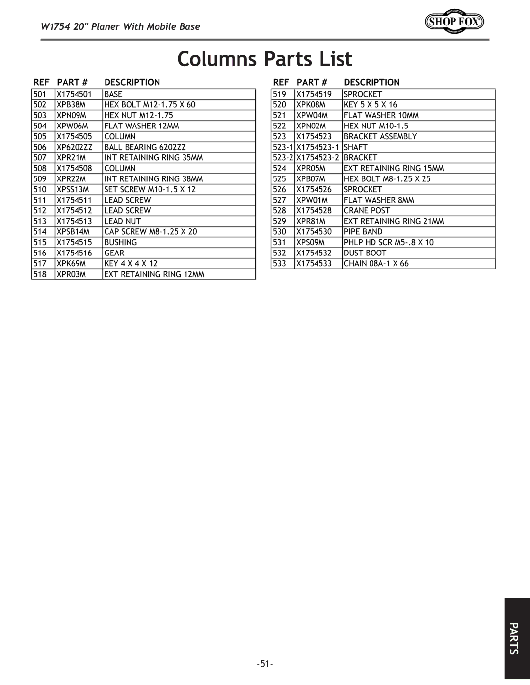 Woodstock W1754 owner manual Columns Parts List 