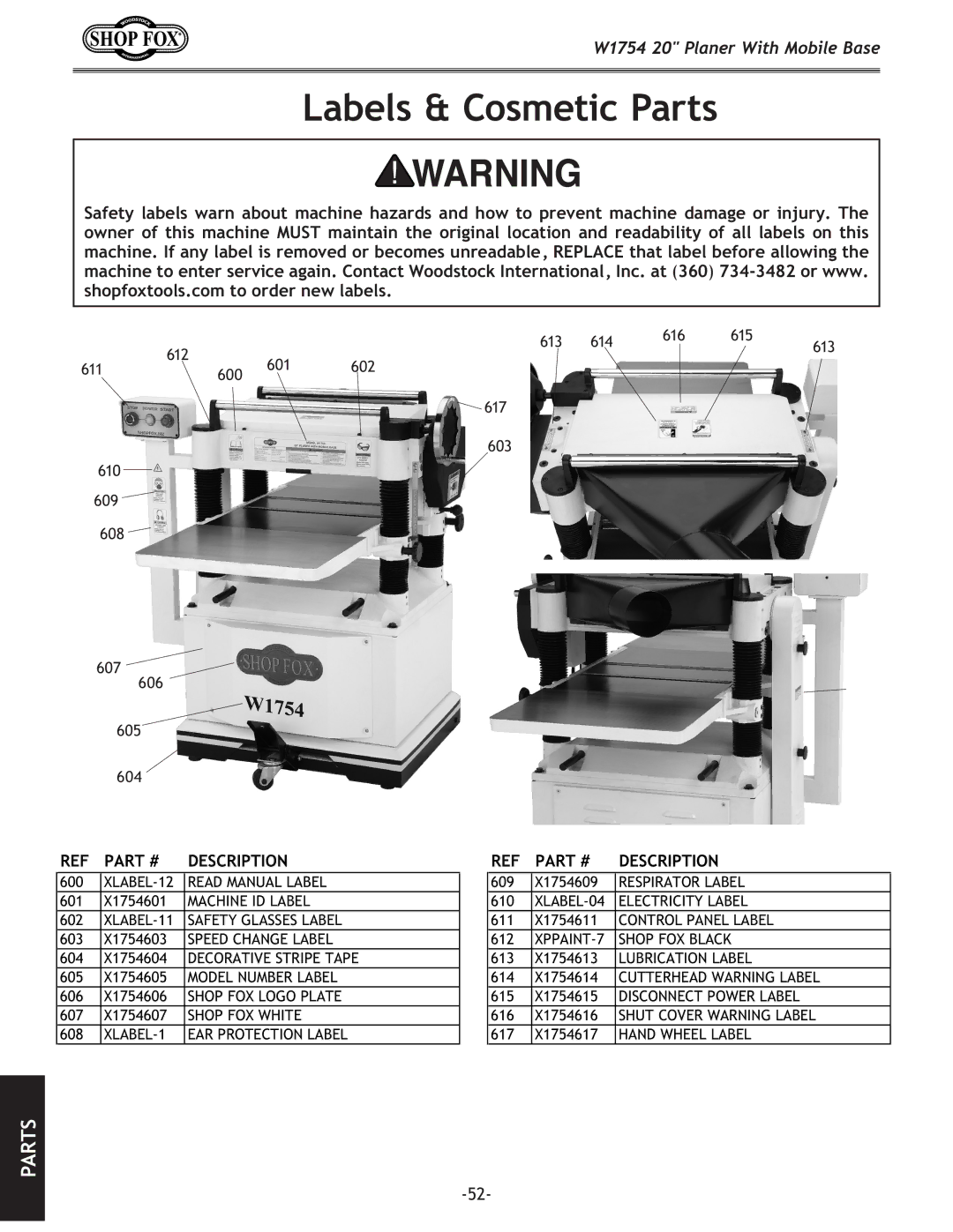 Woodstock W1754 owner manual Labels & Cosmetic Parts 