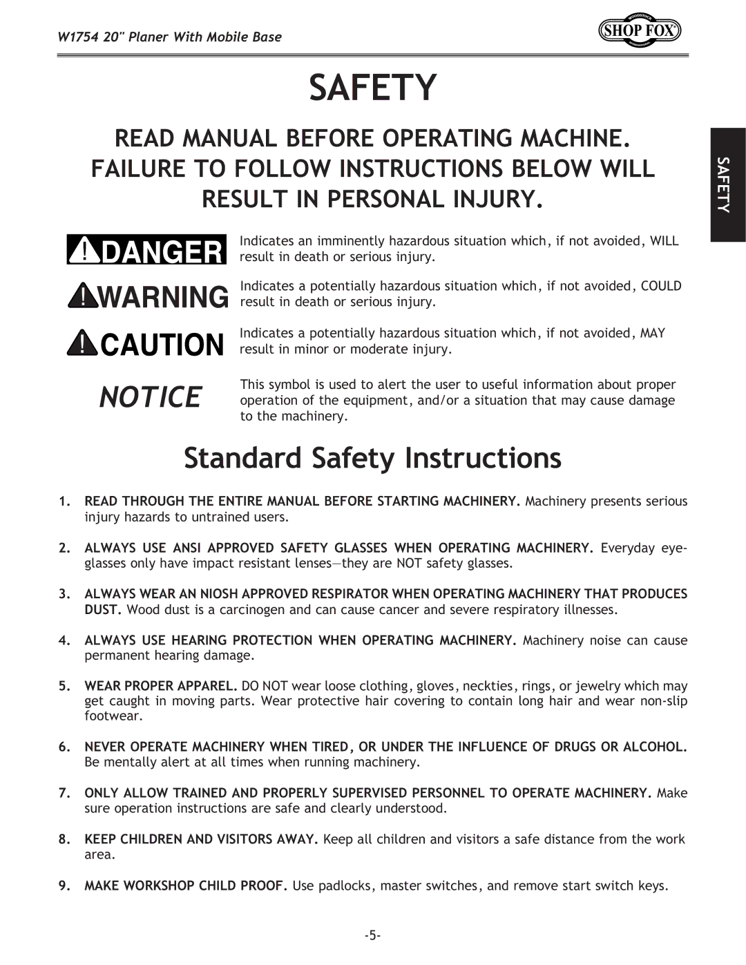 Woodstock W1754 owner manual Standard Safety Instructions 