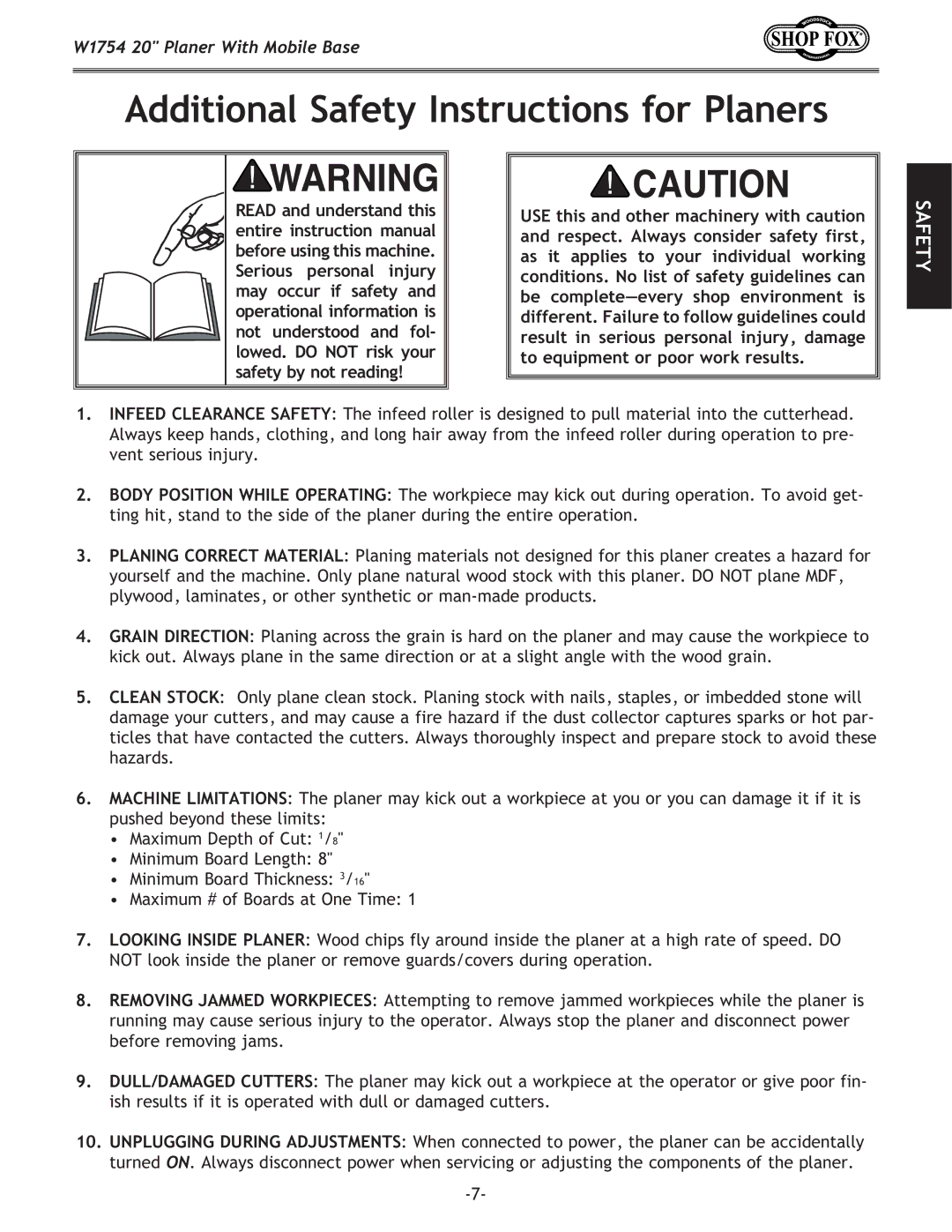 Woodstock W1754 owner manual Additional Safety Instructions for Planers 