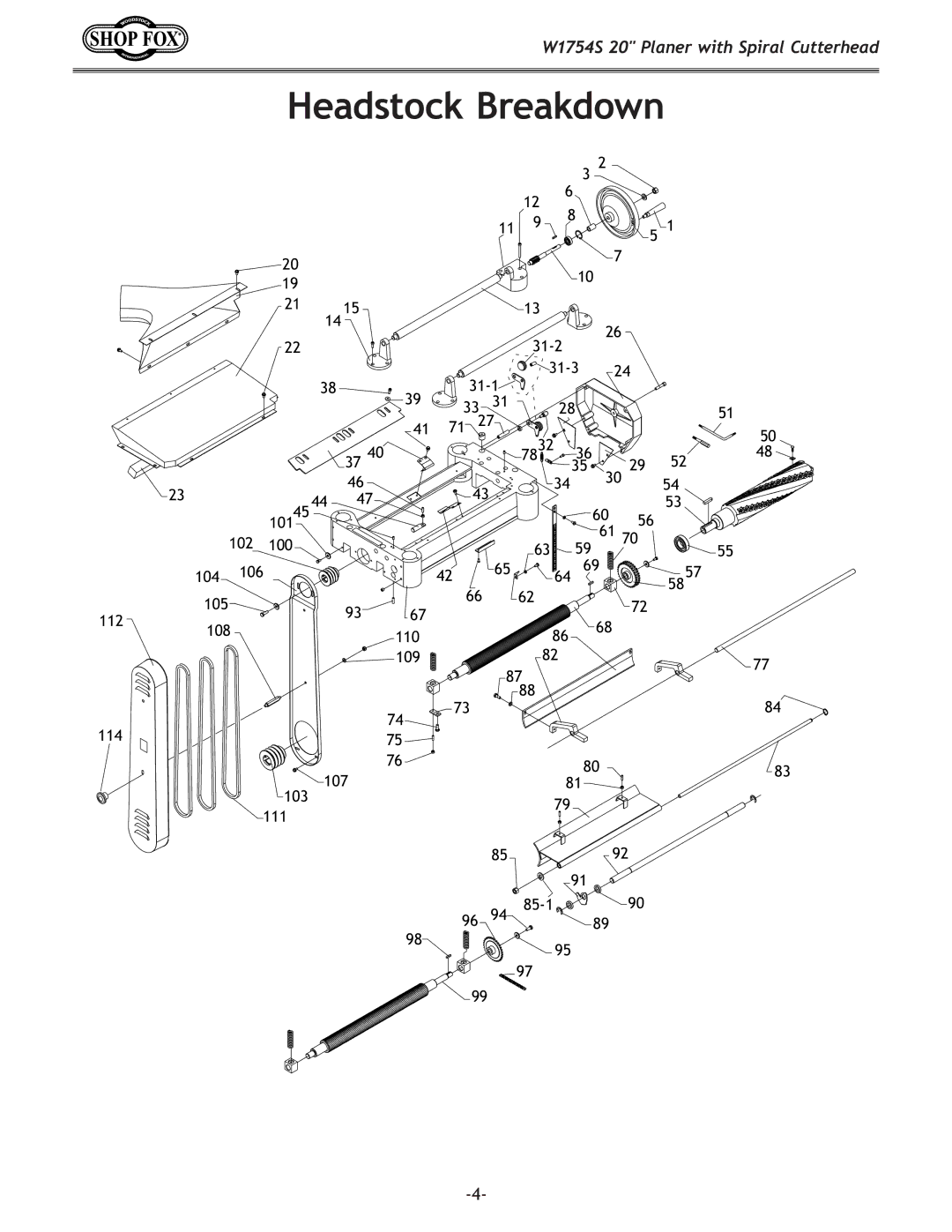 Woodstock W1754S owner manual Headstock Breakdown 