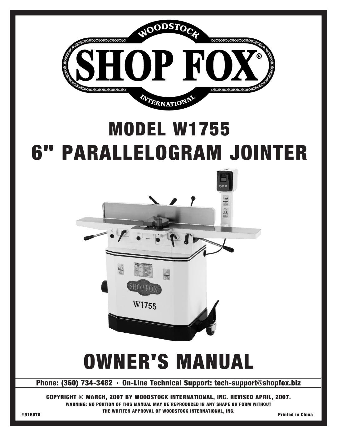 Woodstock W1755 owner manual Parallelogram Jointer 