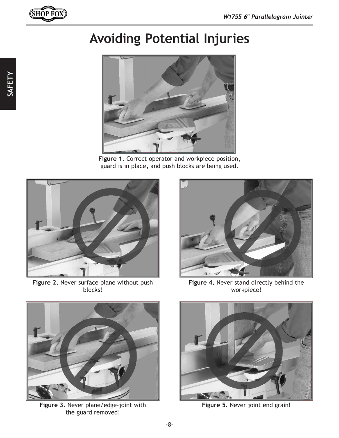 Woodstock W1755 owner manual Avoiding Potential Injuries, Never surface plane without push Blocks 