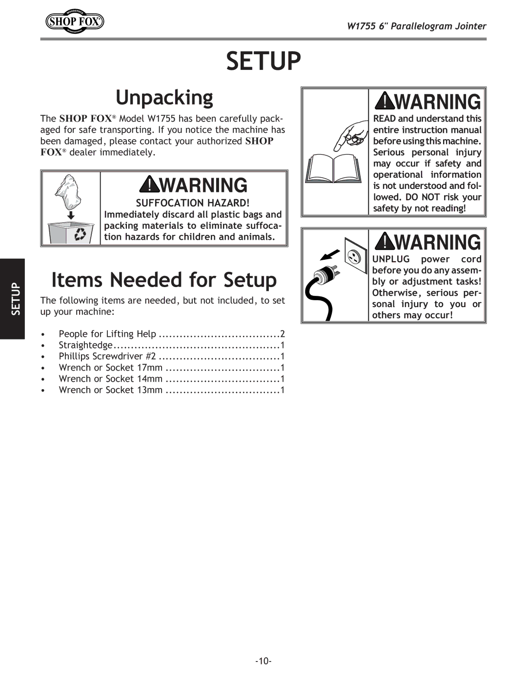 Woodstock W1755 owner manual Unpacking, Items Needed for Setup 