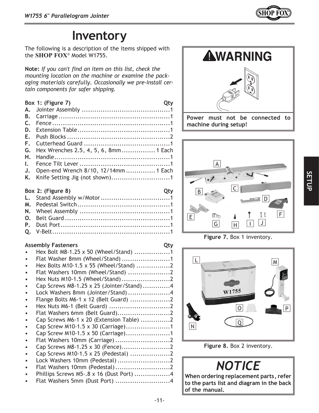 Woodstock W1755 Inventory, Box 1 Figure Qty, Power must not be connected to machine during setup, Box 2 Figure Qty 