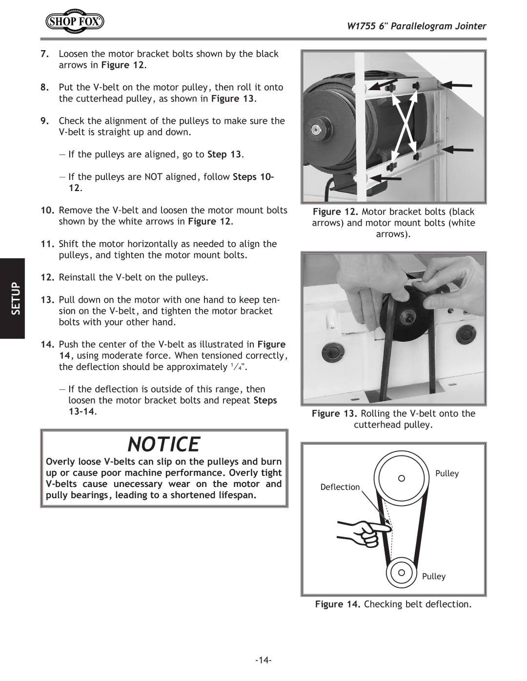 Woodstock W1755 owner manual If the pulleys are not aligned, follow Steps 10, Rolling the V-belt onto Cutterhead pulley 