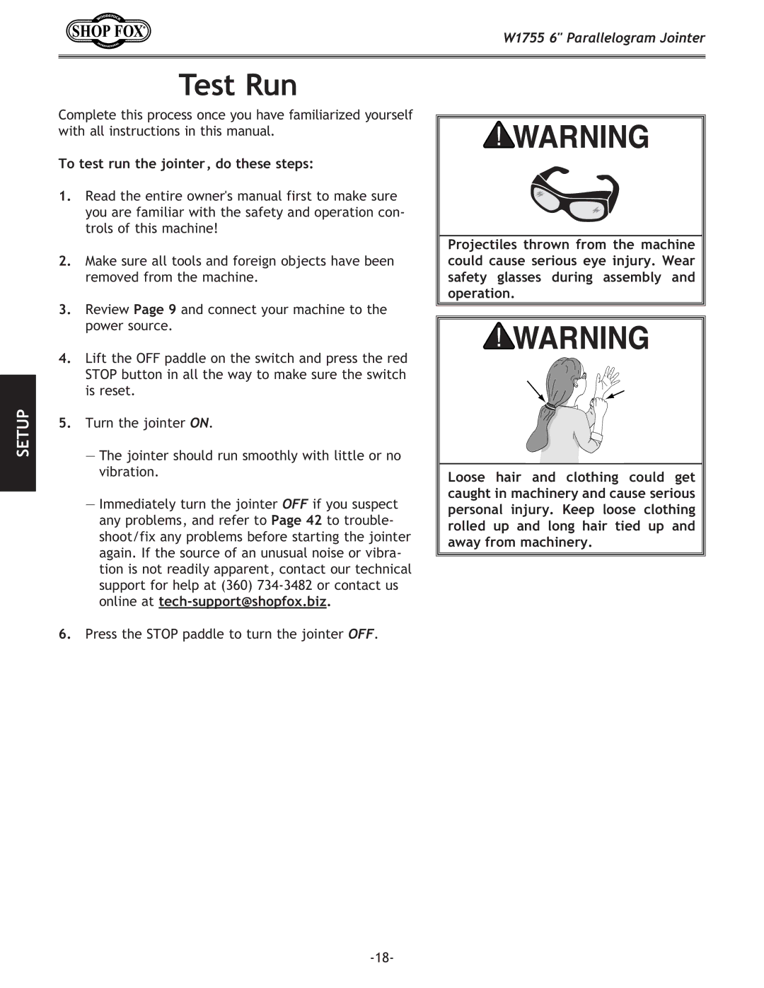 Woodstock W1755 owner manual Test Run, To test run the jointer, do these steps 