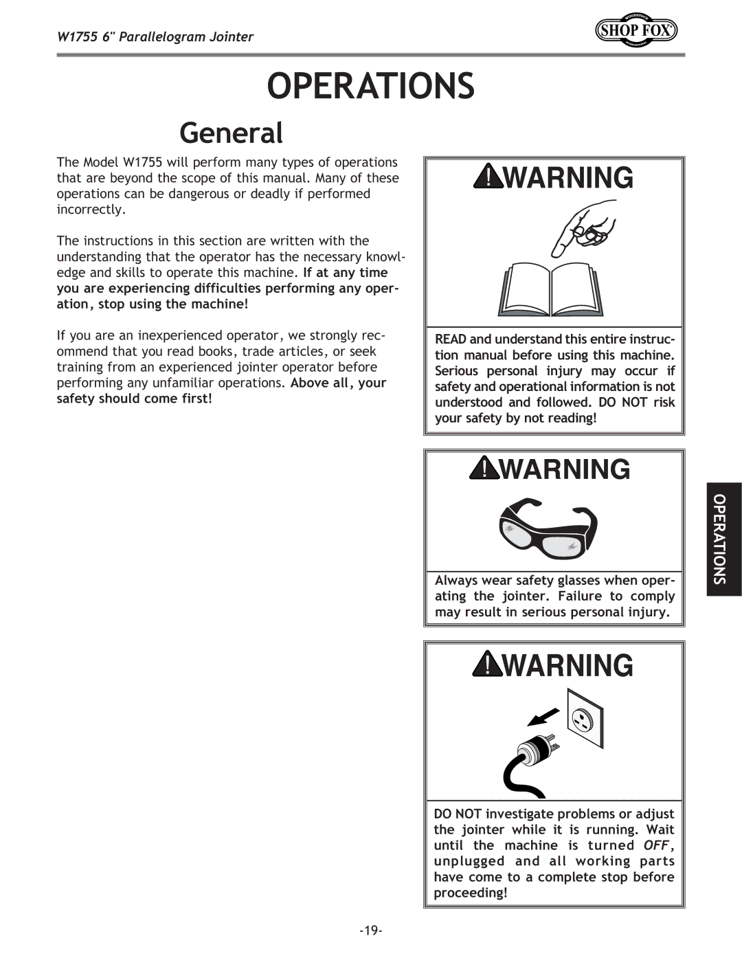 Woodstock W1755 owner manual Operations, General 