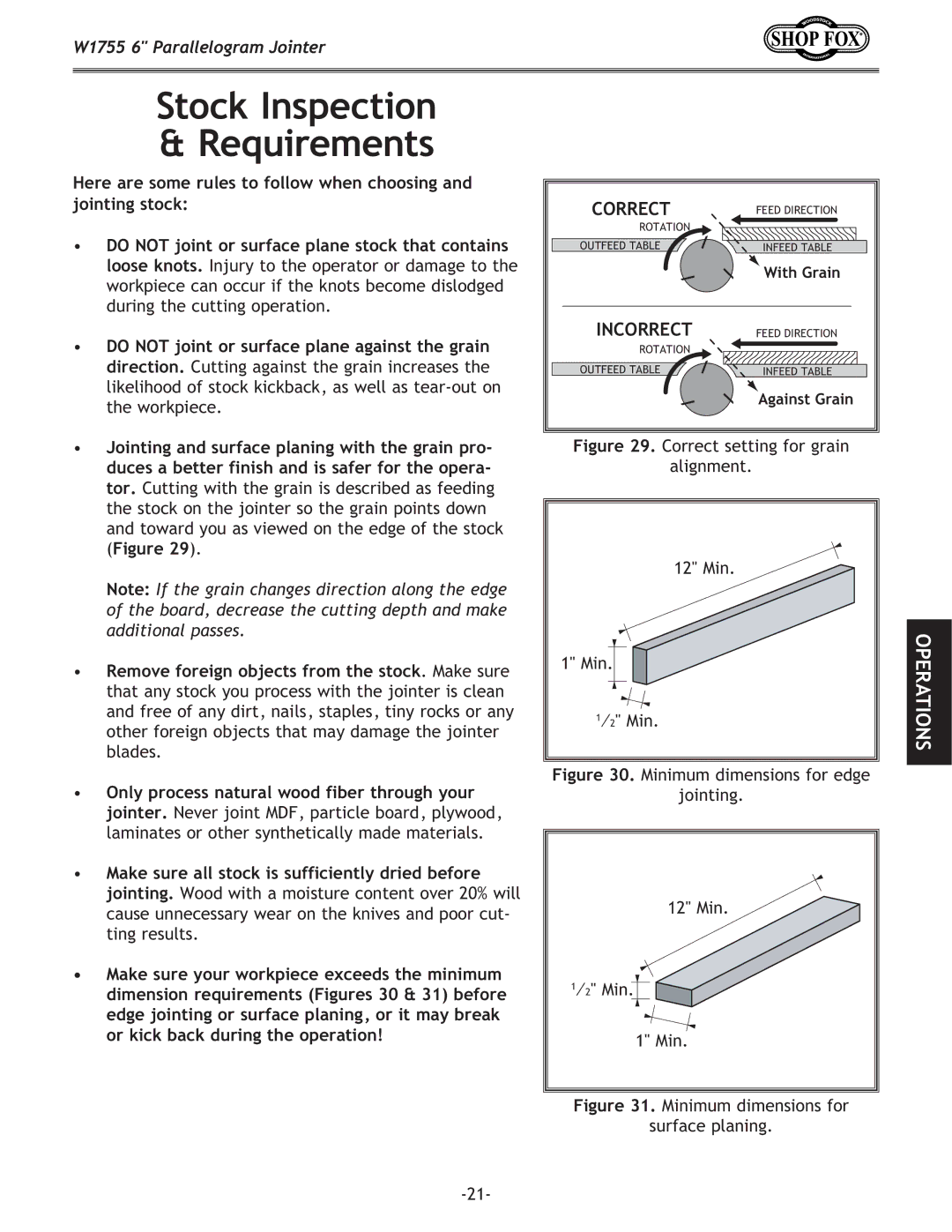 Woodstock W1755 owner manual Stock Inspection Requirements, Correct setting for grain Alignment 12 Min ⁄2 Min 