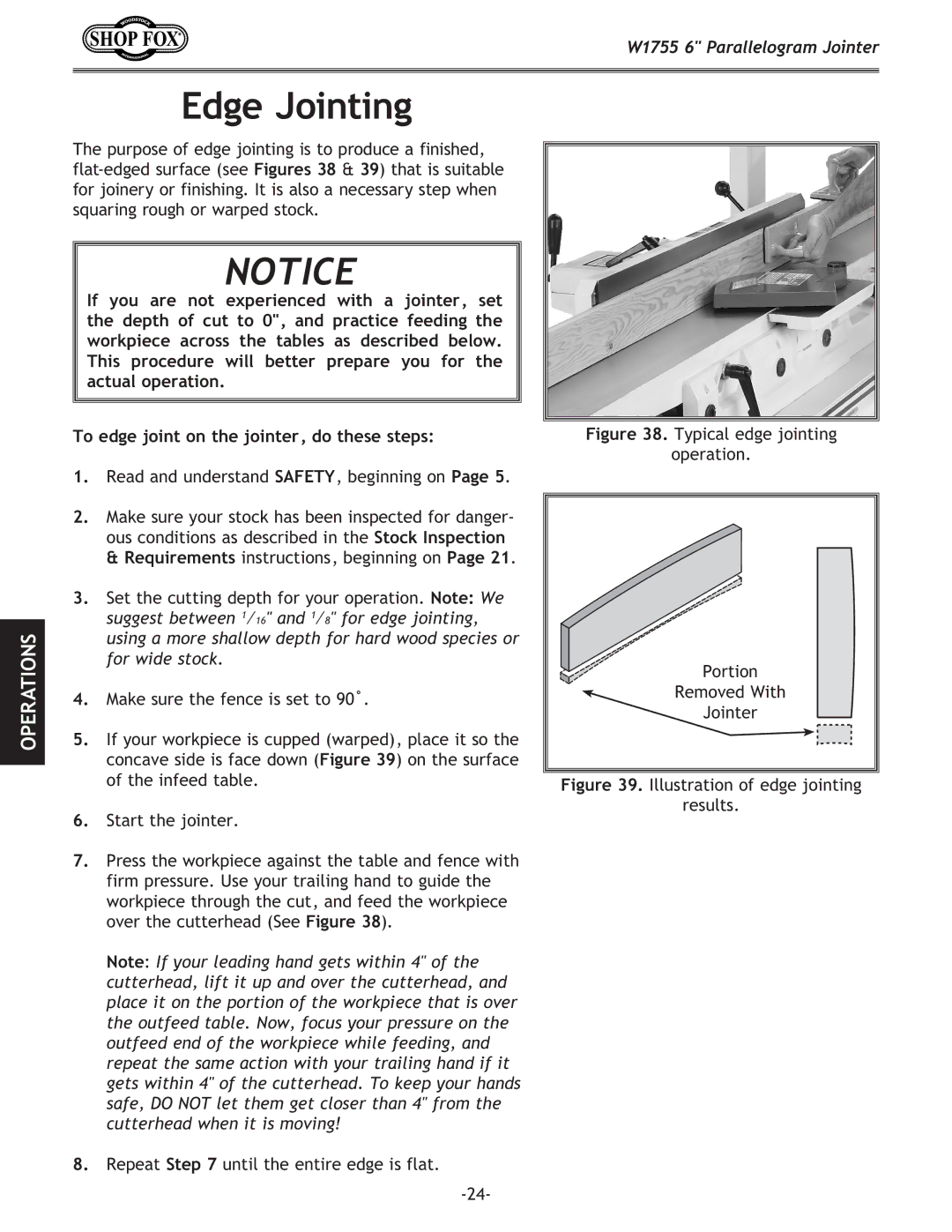 Woodstock W1755 owner manual Edge Jointing, Typical edge jointing Operation Portion 