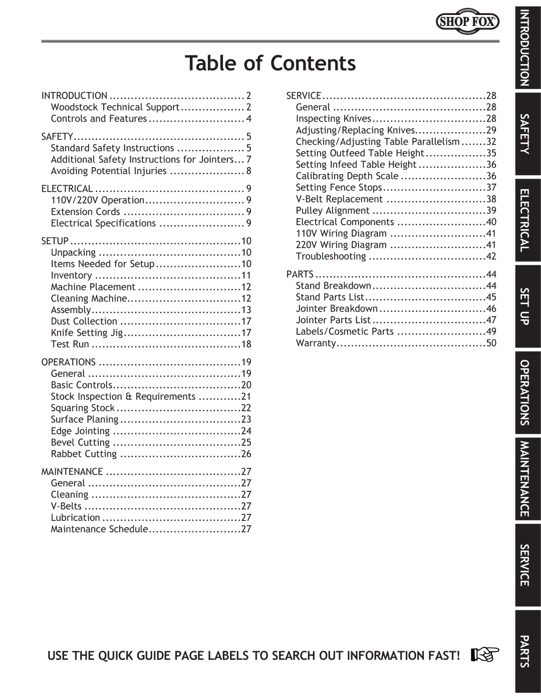 Woodstock W1755 owner manual Table of Contents 