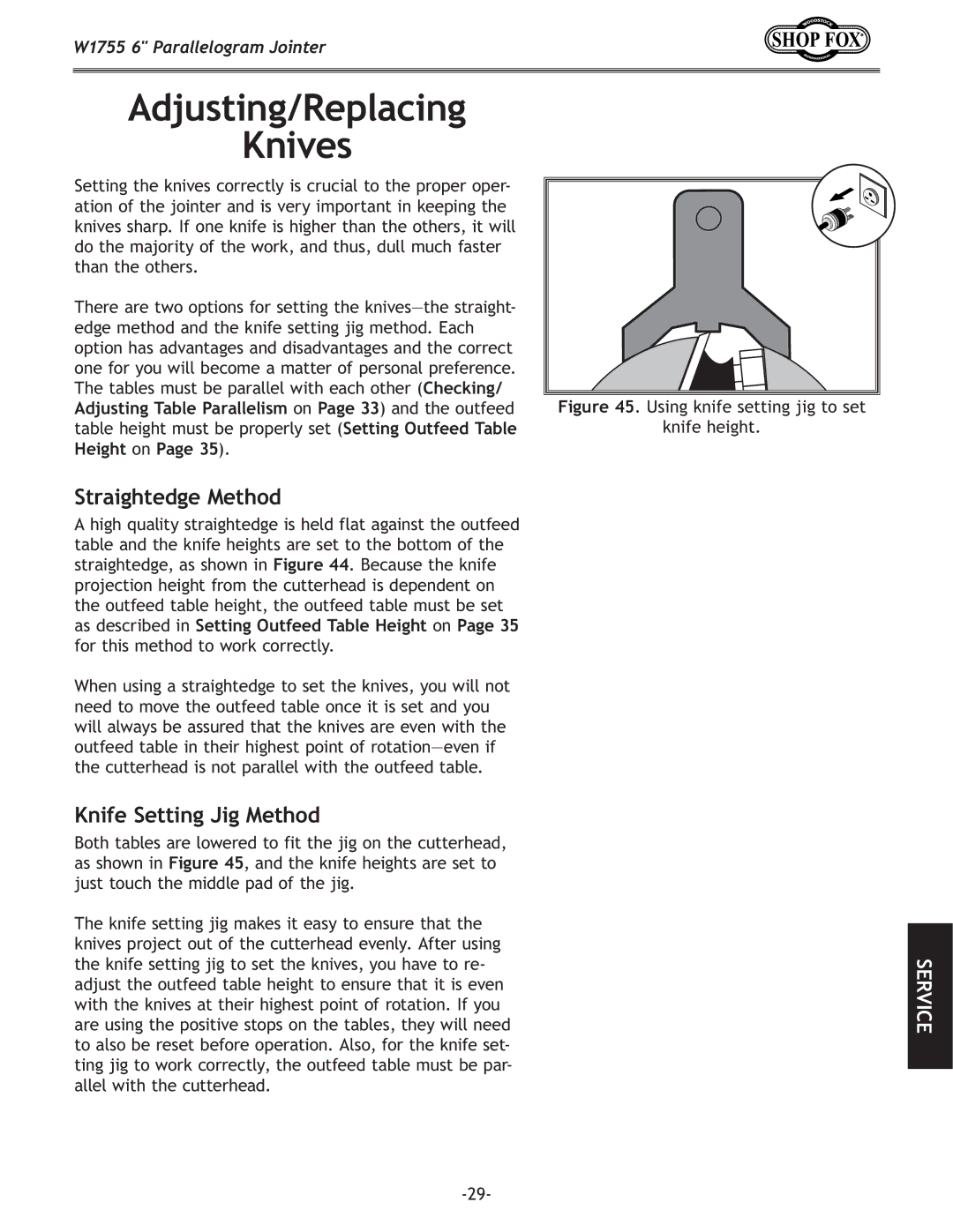 Woodstock W1755 owner manual Adjusting/Replacing Knives, Straightedge Method 