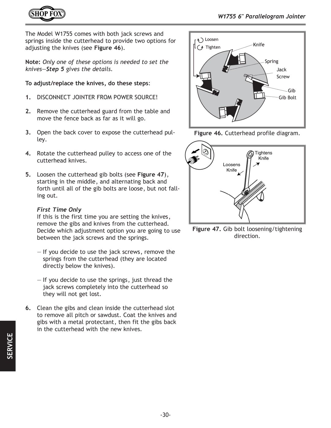 Woodstock W1755 owner manual To adjust/replace the knives, do these steps, First Time Only 