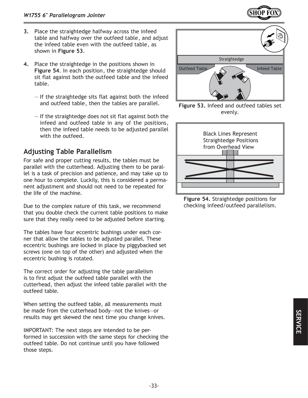 Woodstock W1755 owner manual Adjusting Table Parallelism 