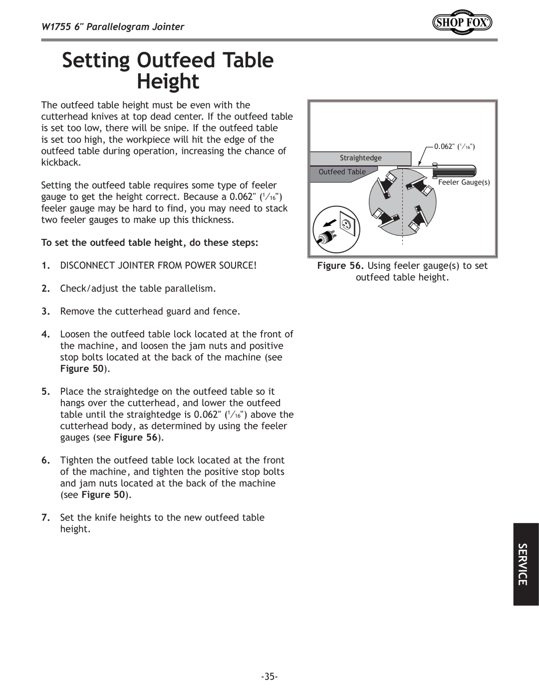 Woodstock W1755 owner manual Setting Outfeed Table Height, To set the outfeed table height, do these steps 