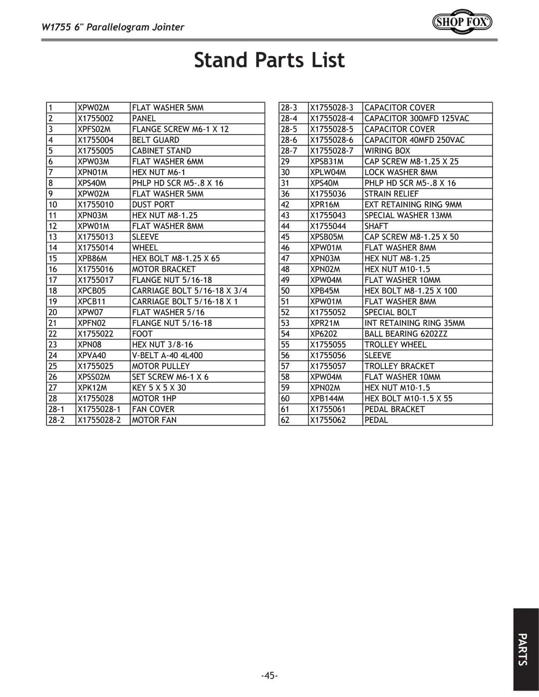 Woodstock W1755 owner manual Stand Parts List, PART# Description 