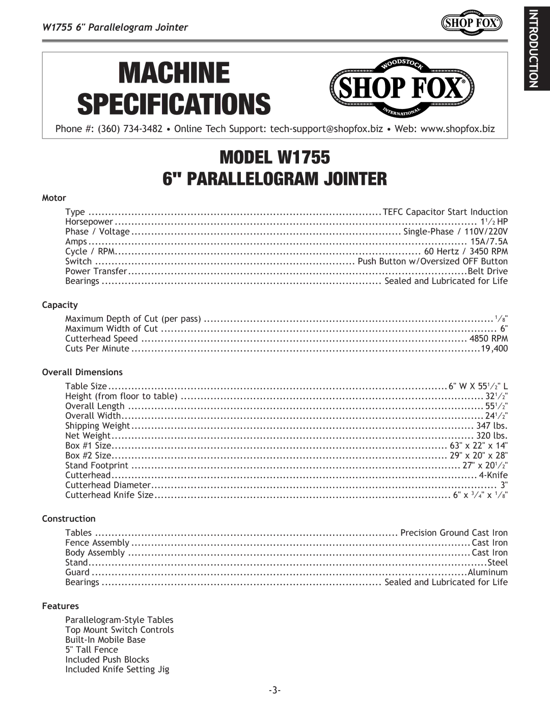 Woodstock W1755 owner manual Machine Specifications 