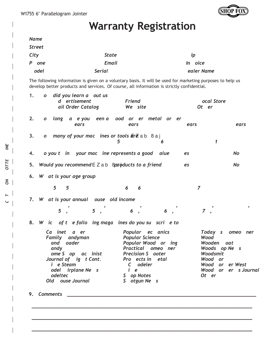 Woodstock W1755 owner manual Warranty Registration, Comments 
