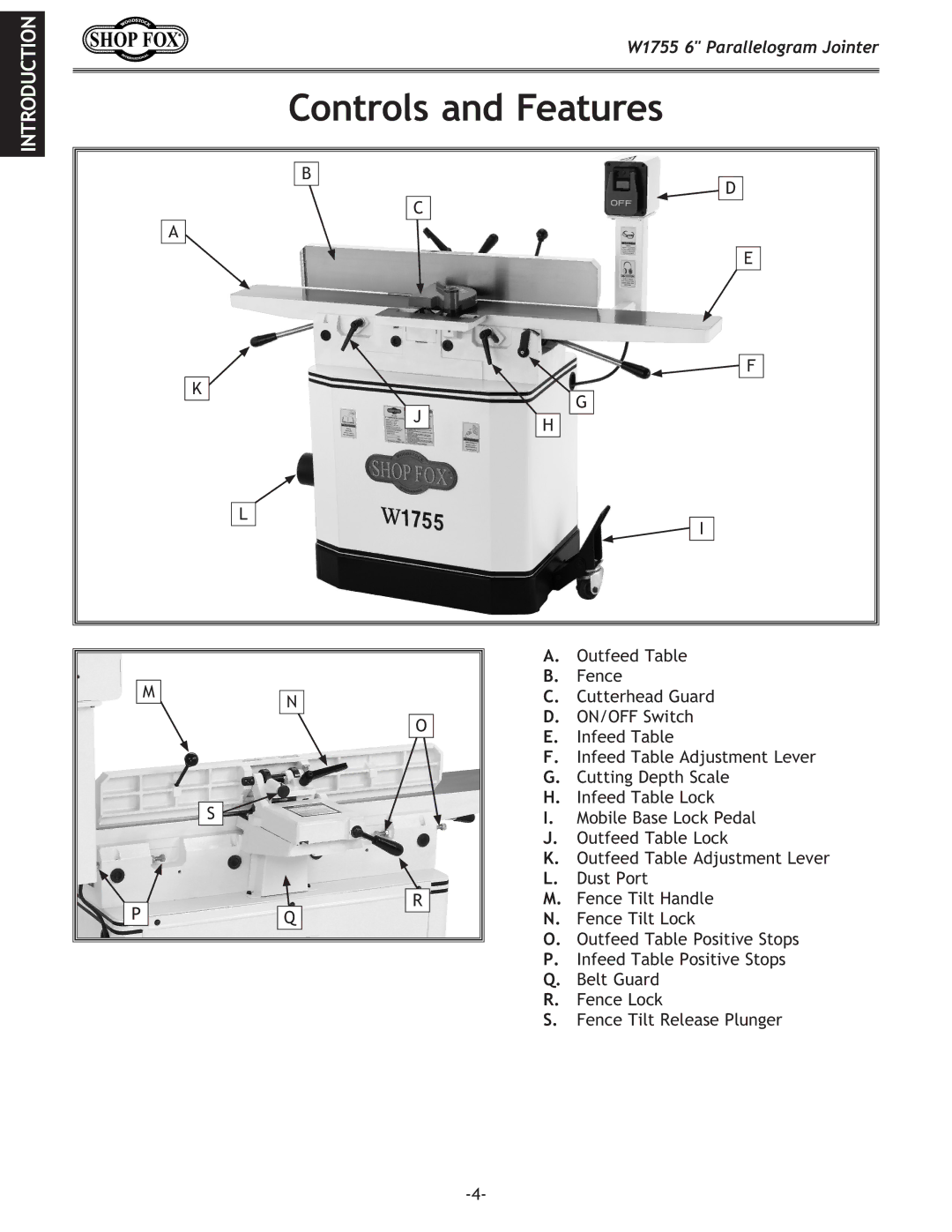 Woodstock W1755 owner manual Controls and Features 