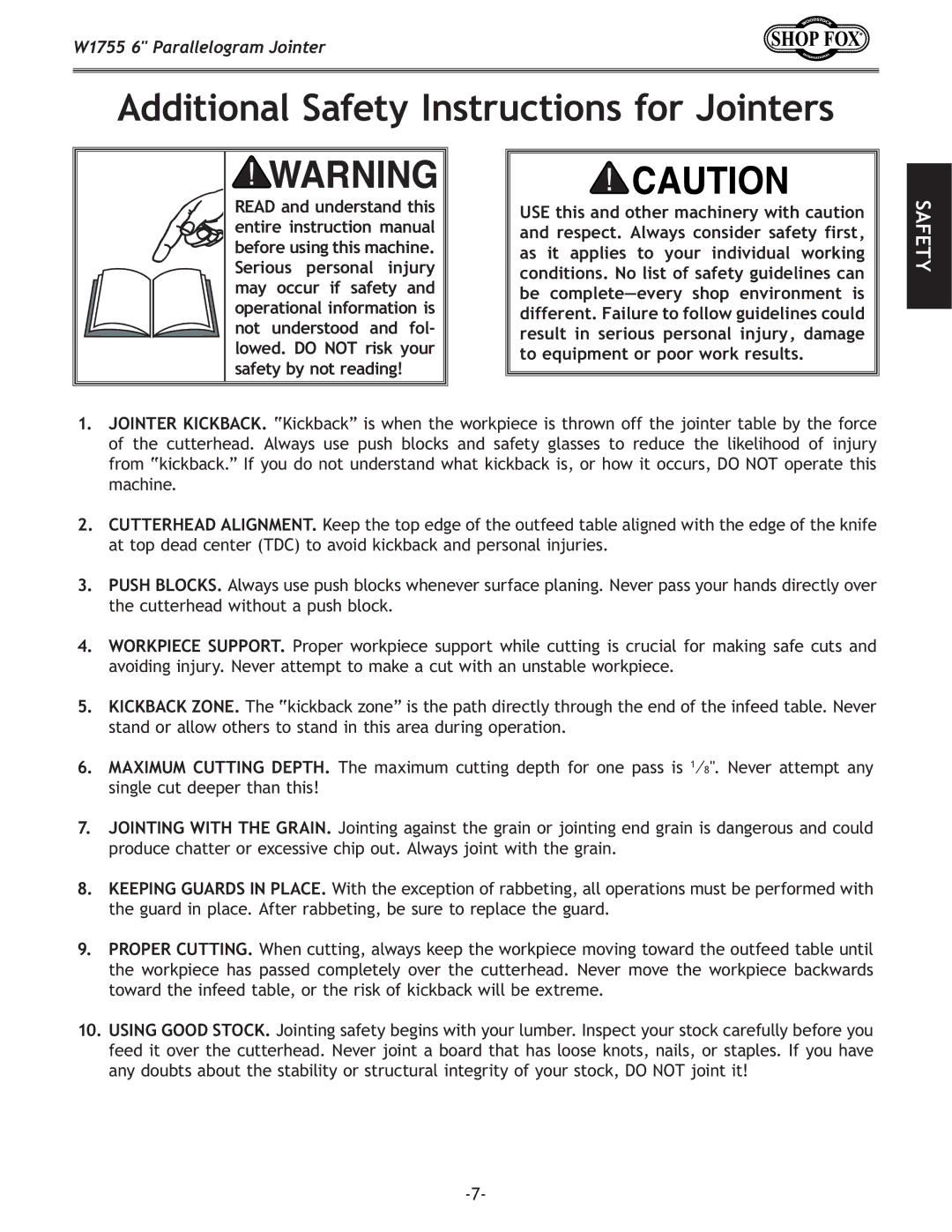 Woodstock W1755 owner manual Additional Safety Instructions for Jointers 