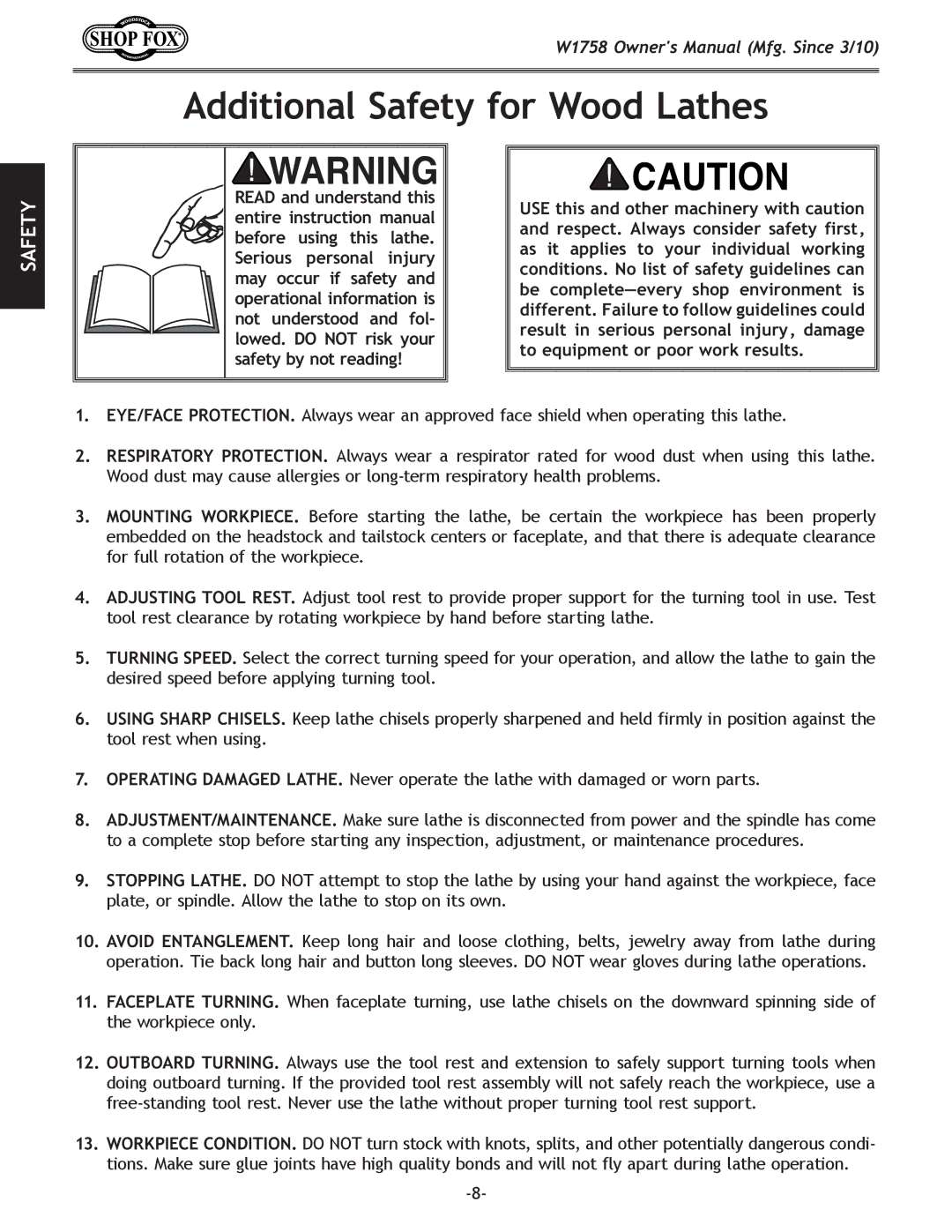 Woodstock W1758 owner manual Additional Safety for Wood Lathes 