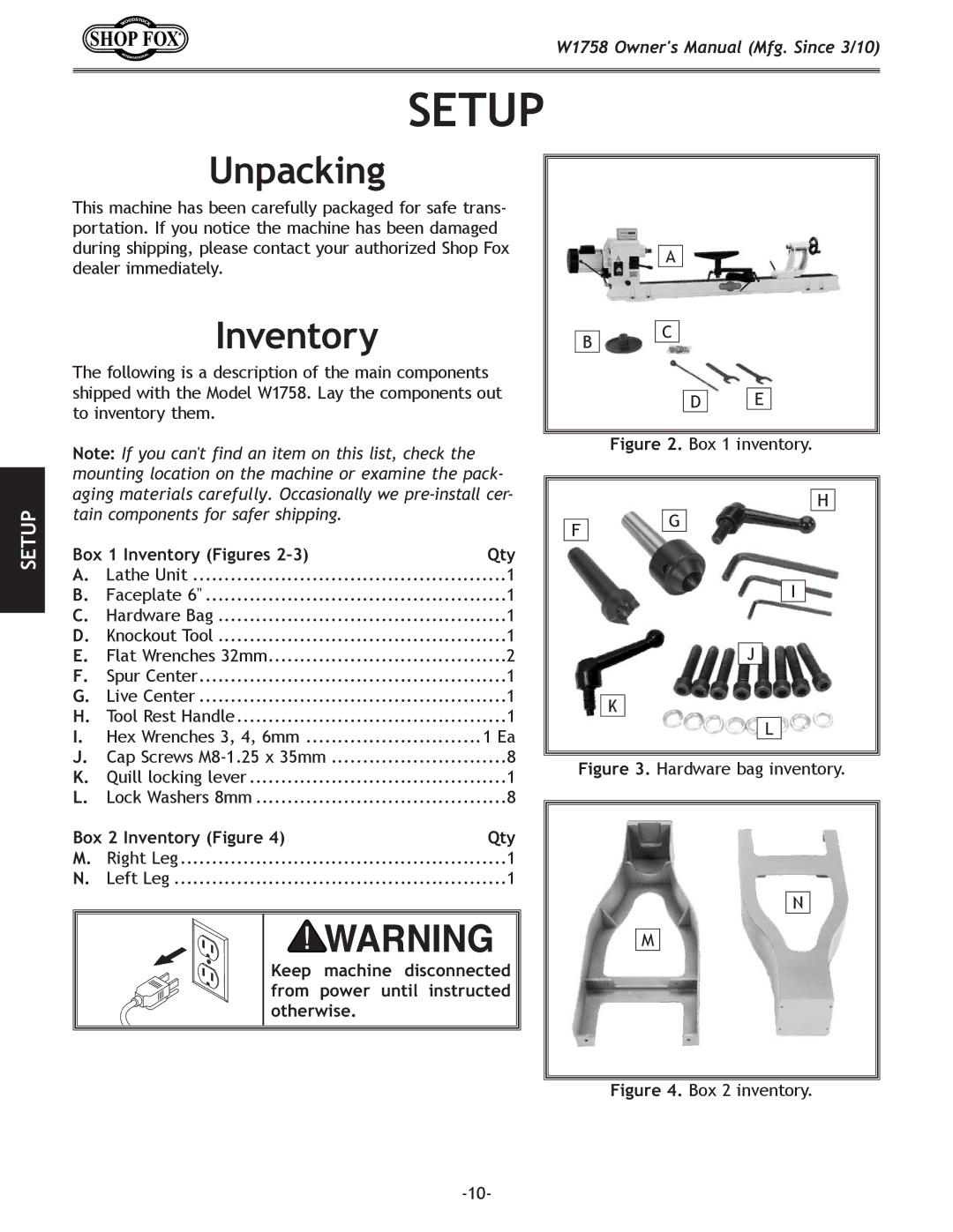 Woodstock W1758 owner manual Setup, Unpacking, Box 1 Inventory Figures Qty, Box 2 Inventory Figure Qty 