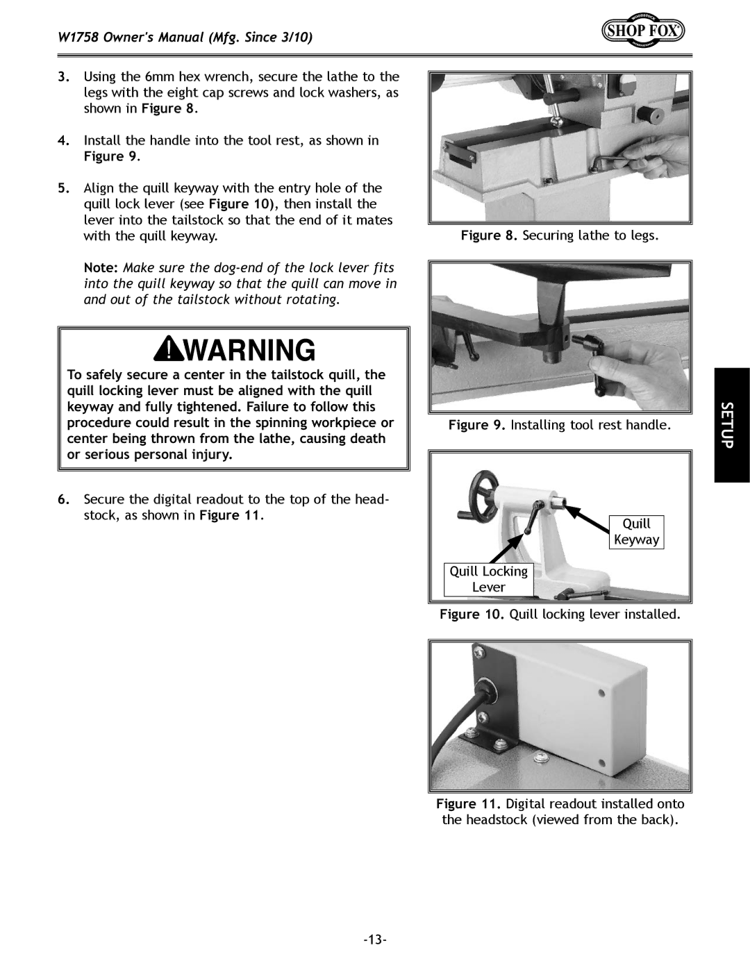 Woodstock W1758 owner manual Securing lathe to legs 