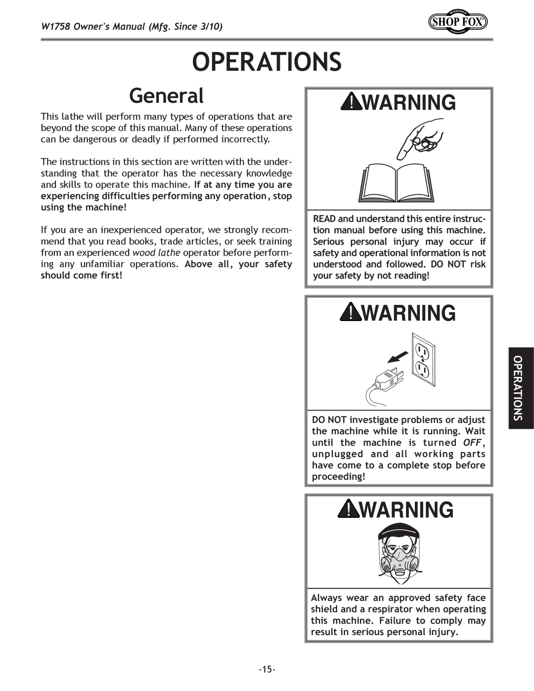 Woodstock W1758 owner manual Operations, General 