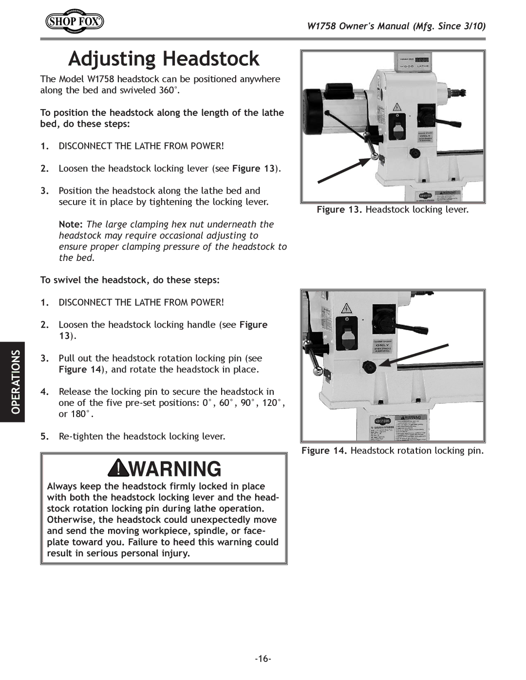 Woodstock W1758 owner manual Adjusting Headstock, To swivel the headstock, do these steps 