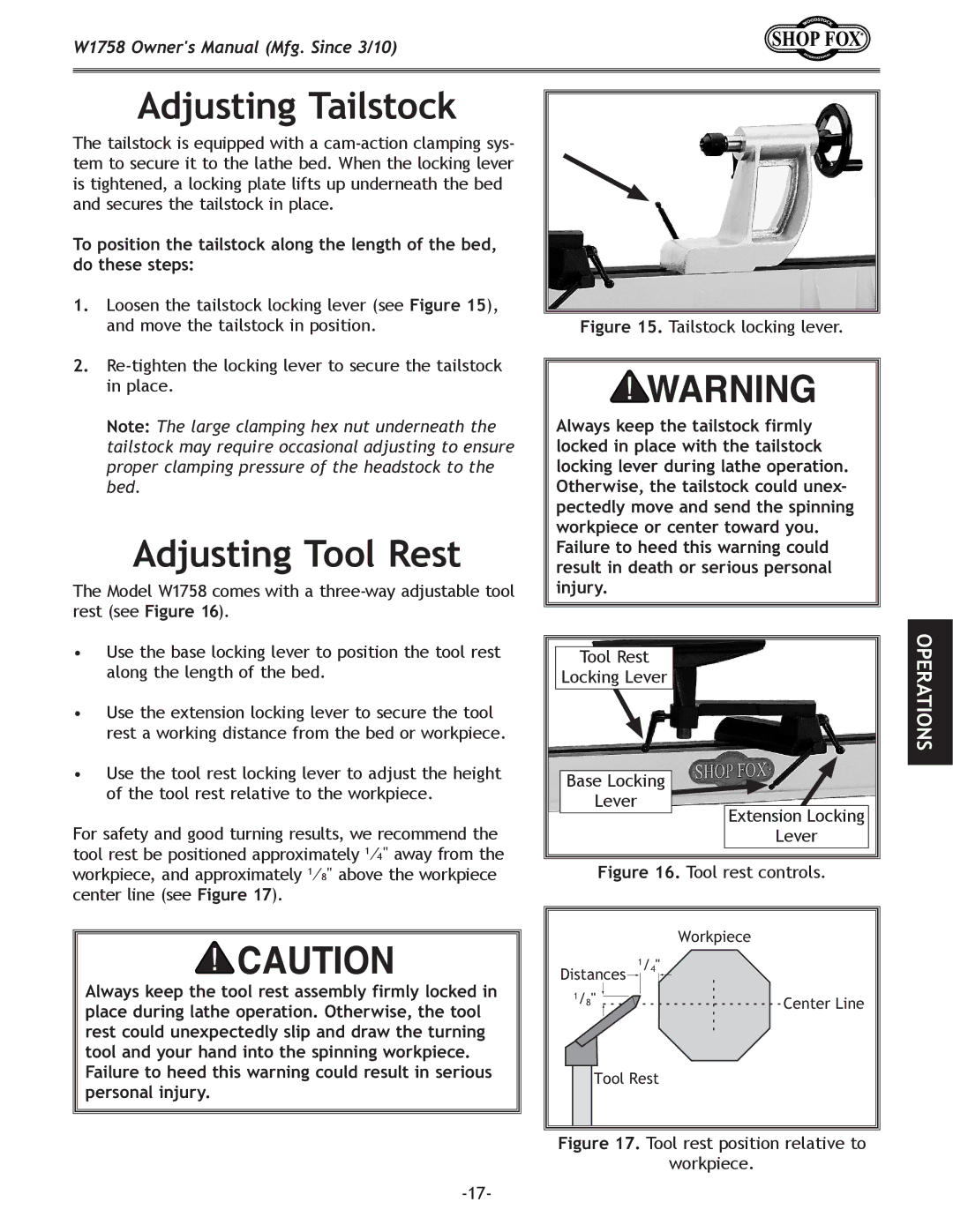 Woodstock W1758 owner manual Adjusting Tailstock, Adjusting Tool Rest 