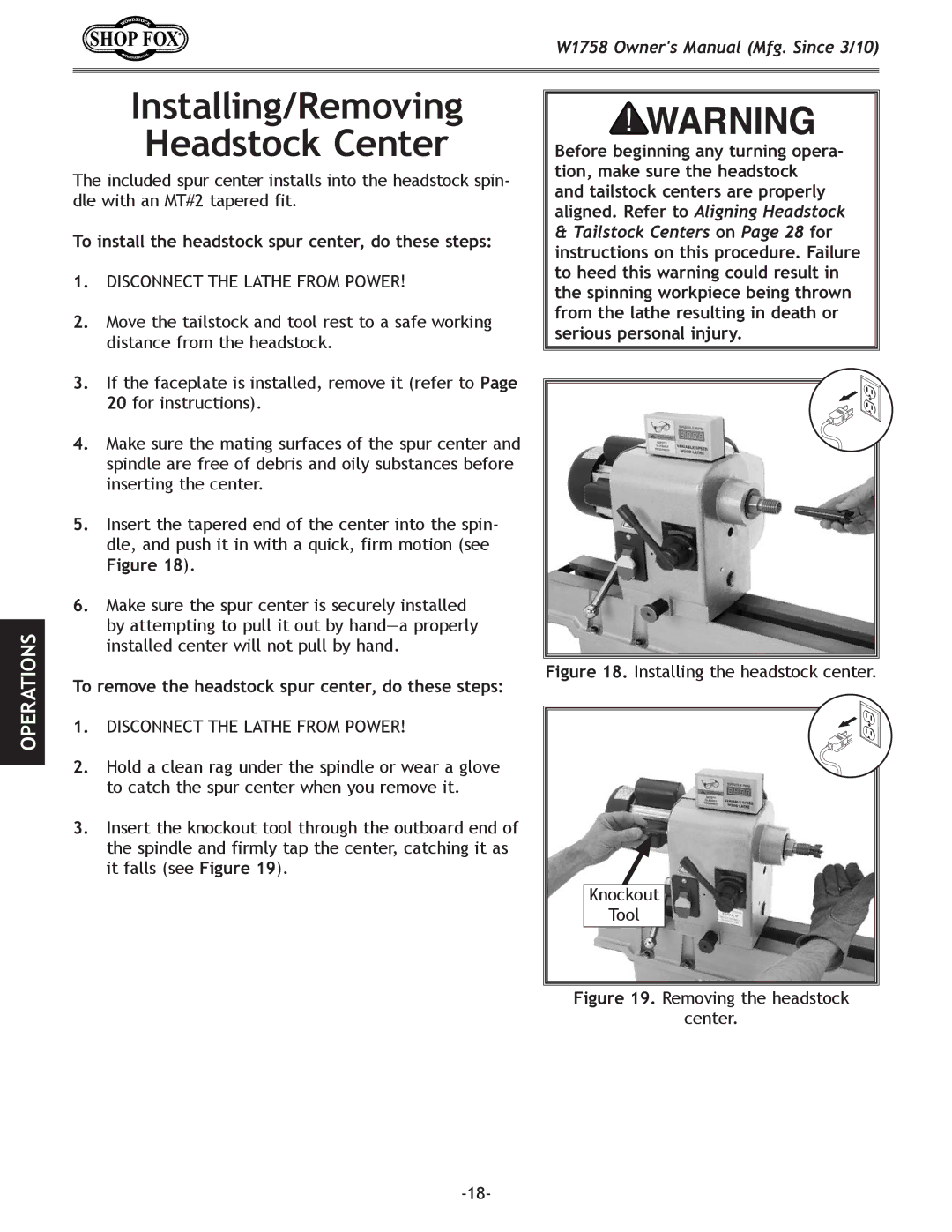 Woodstock W1758 owner manual Installing/Removing Headstock Center, To install the headstock spur center, do these steps 