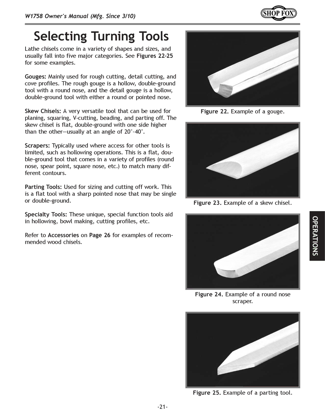 Woodstock W1758 owner manual Selecting Turning Tools, Example of a gouge 