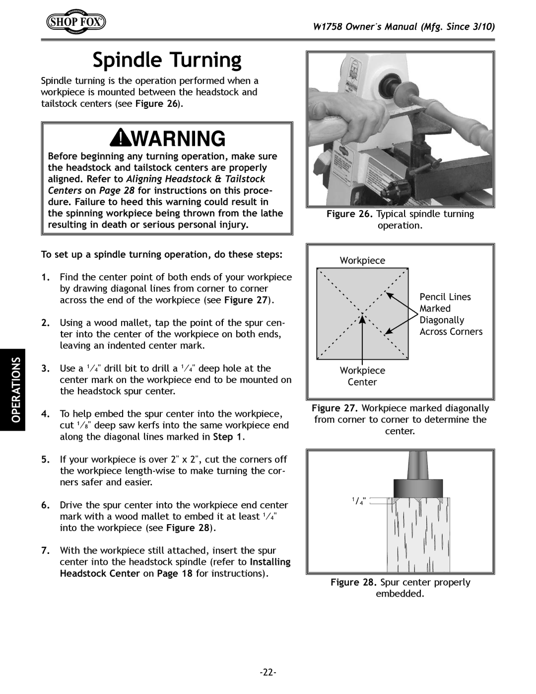 Woodstock W1758 owner manual Spindle Turning, To set up a spindle turning operation, do these steps 