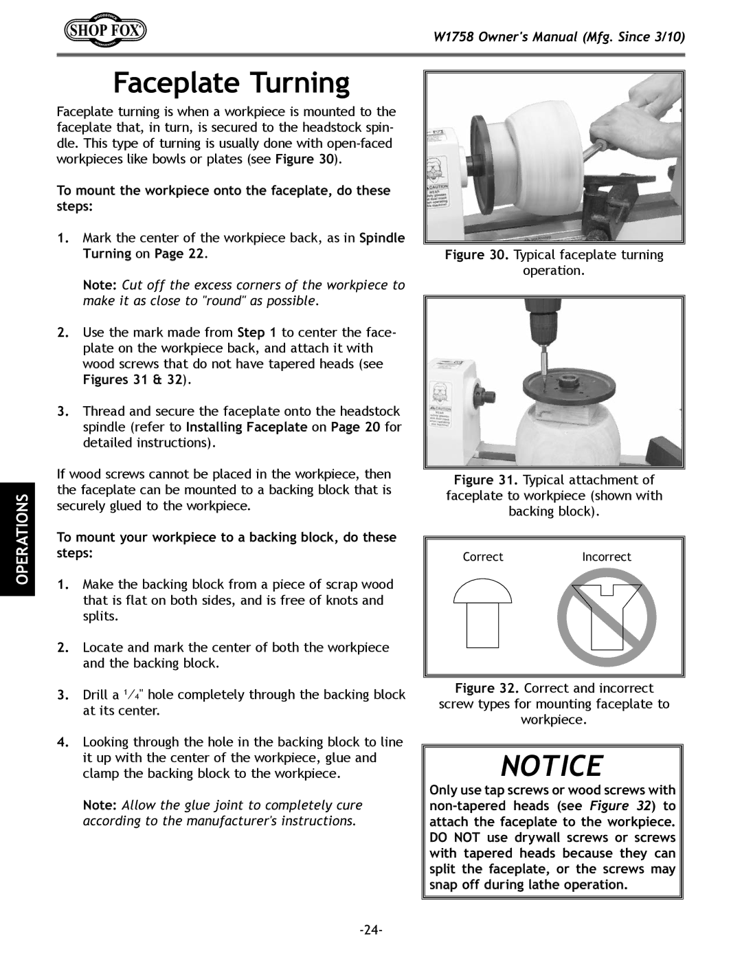 Woodstock W1758 owner manual Faceplate Turning, To mount your workpiece to a backing block, do these steps 