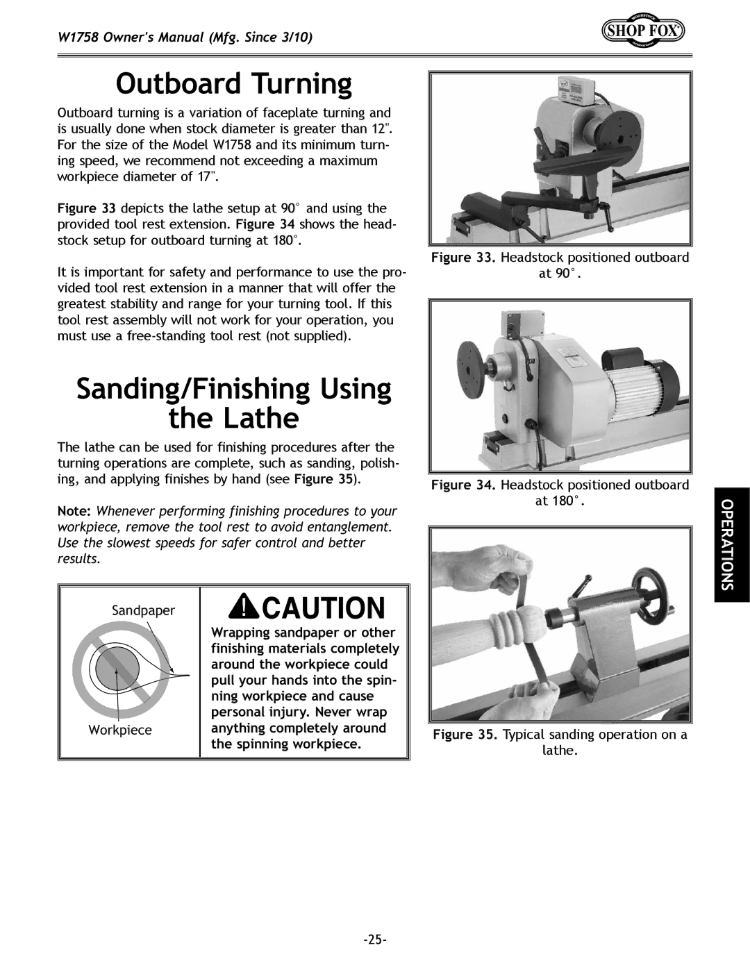 Woodstock W1758 owner manual Outboard Turning, Sanding/Finishing Using Lathe 