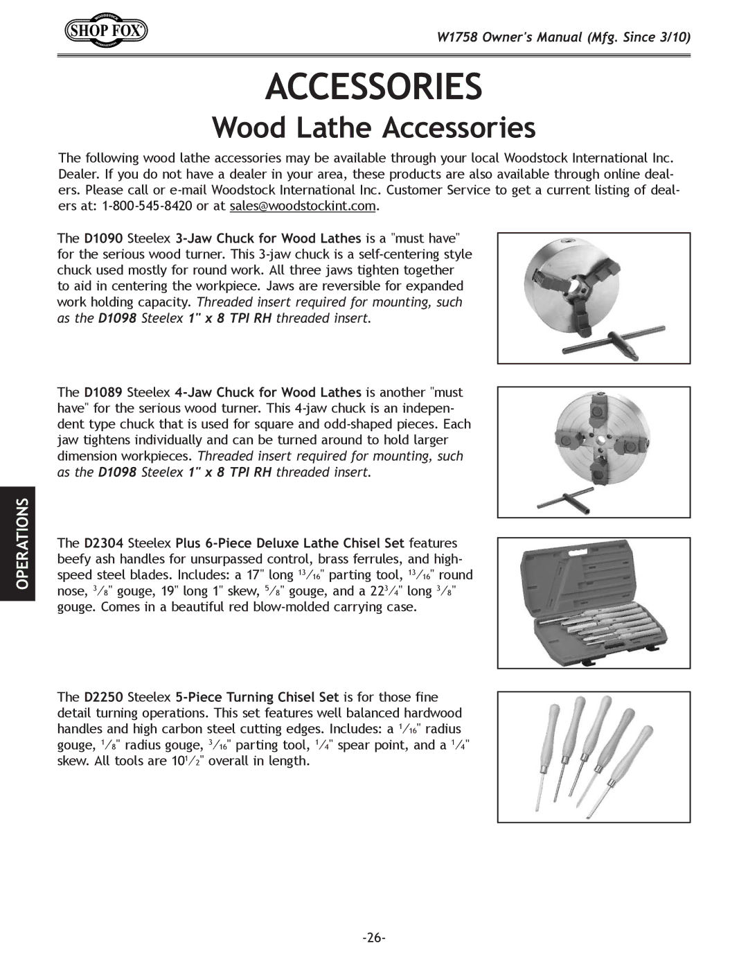 Woodstock W1758 owner manual Wood Lathe Accessories 