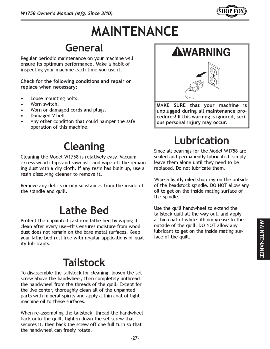 Woodstock W1758 owner manual Maintenance, Cleaning, Lathe Bed, Lubrication, Tailstock 