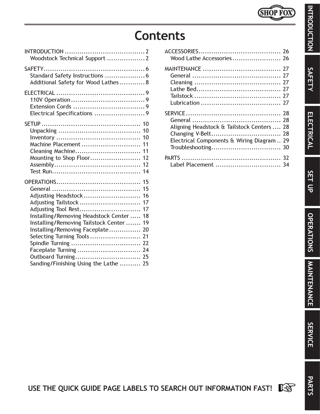 Woodstock W1758 owner manual Contents 