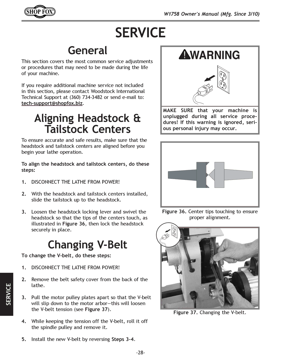 Woodstock W1758 owner manual Aligning Headstock Tailstock Centers, Changing V-Belt, To change the V-belt, do these steps 