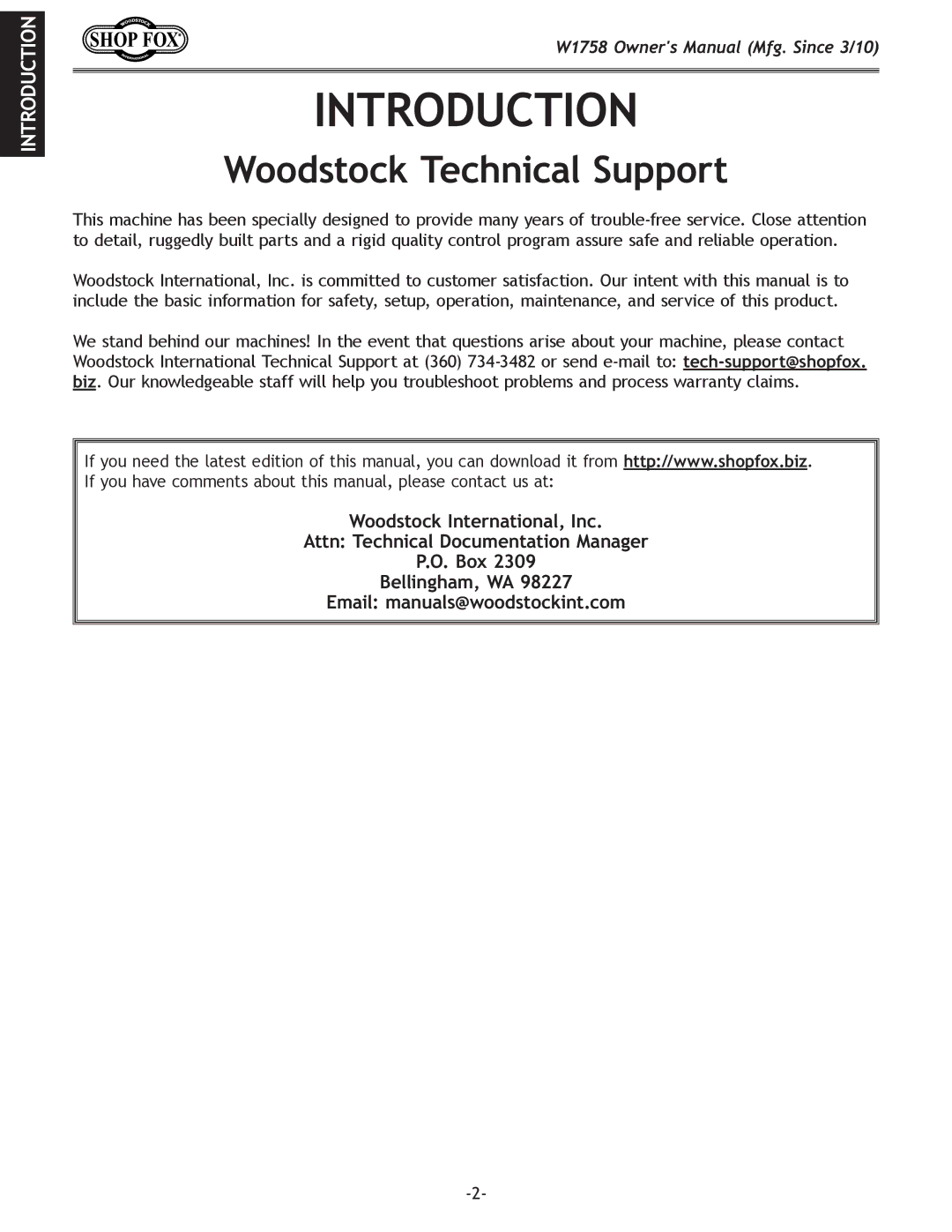 Woodstock W1758 owner manual Introduction, Woodstock Technical Support 