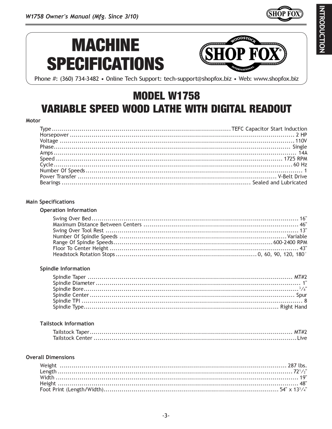 Woodstock W1758 owner manual Machine Specifications 