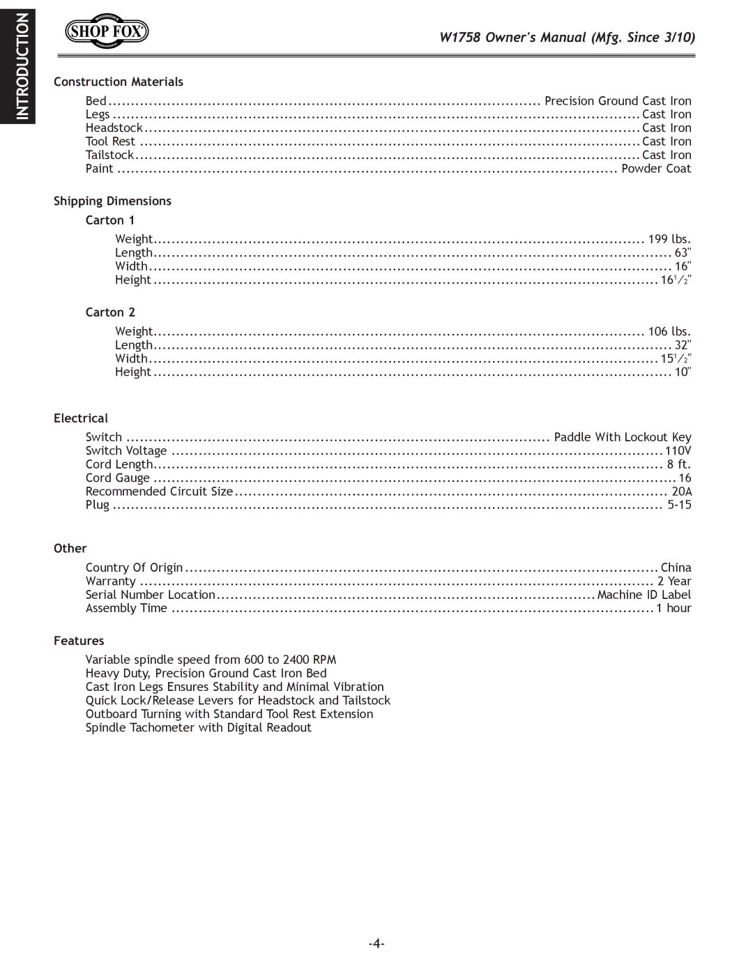 Woodstock W1758 owner manual Shipping Dimensions Carton 